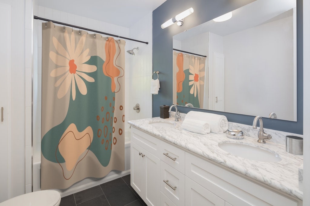 Abstract Art Shower Curtain for Boho Mid Century Modern Bathroom - Image 2