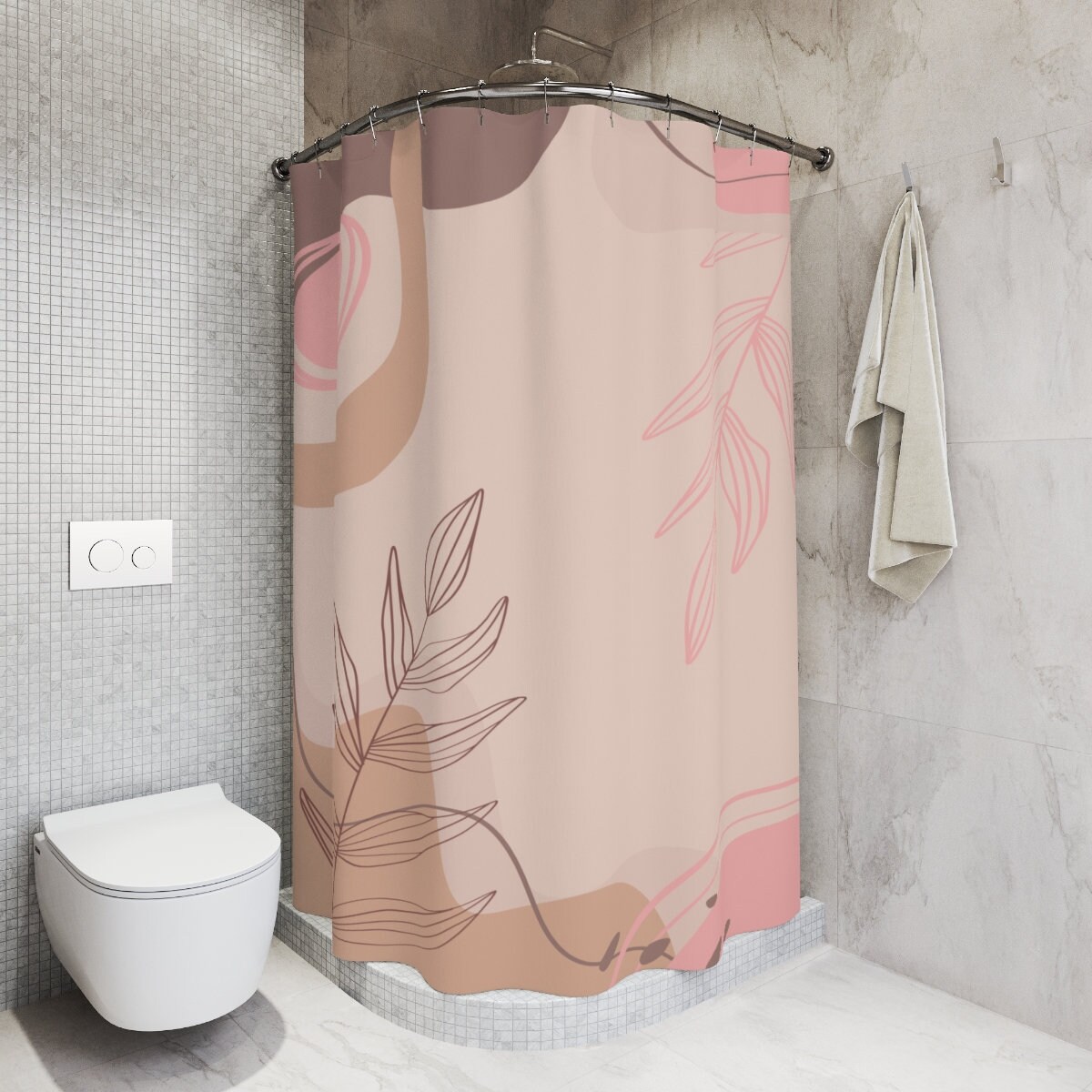 Abstract Art Shower Curtain with Neutral Warm Earth Tones, Leaves Modern Contemporary Design, Customizable Sizes - Image 2