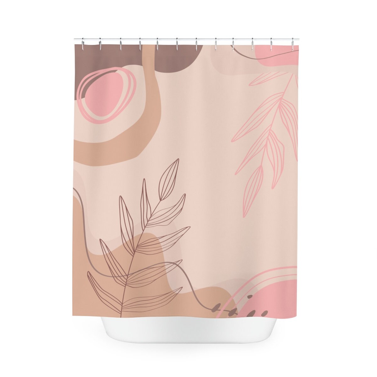 Abstract Art Shower Curtain with Neutral Warm Earth Tones, Leaves Modern Contemporary Design, Customizable Sizes - Image 3