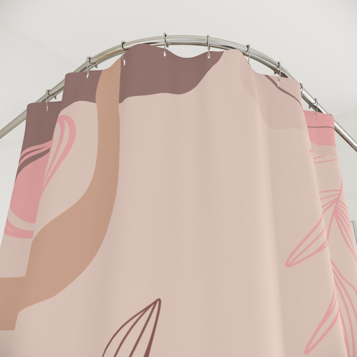 Abstract Art Shower Curtain with Neutral Warm Earth Tones, Leaves Modern Contemporary Design, Customizable Sizes - Image 4