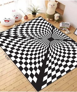 Abstract Black and White Checker Board Vortex Rug - Rectangular 3D Effect Optical Illusion Floor Mat