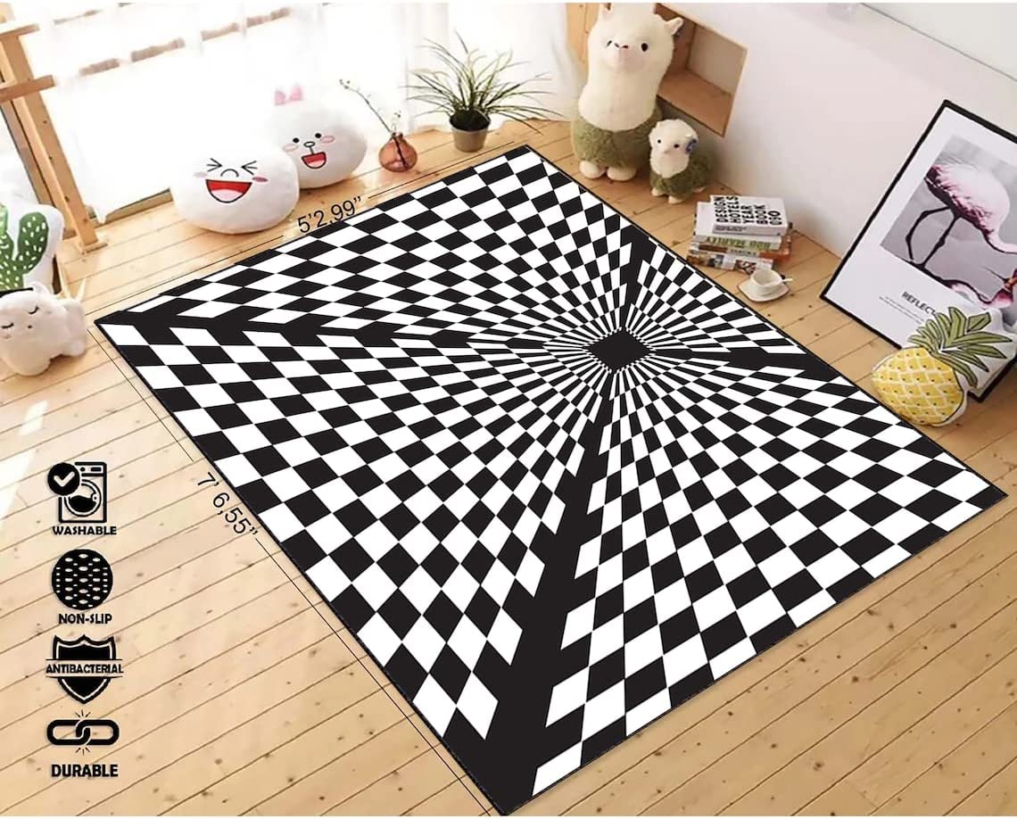 Abstract Black and White Checker Board Vortex Rug - Rectangular 3D Effect Optical Illusion Floor Mat