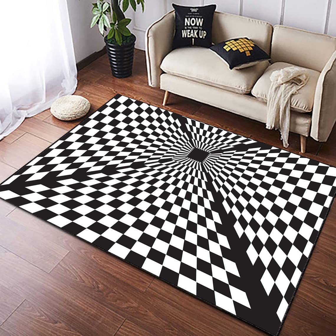 Abstract Black and White Checker Board Vortex Rug - Rectangular 3D Effect Optical Illusion Floor Mat - Image 2