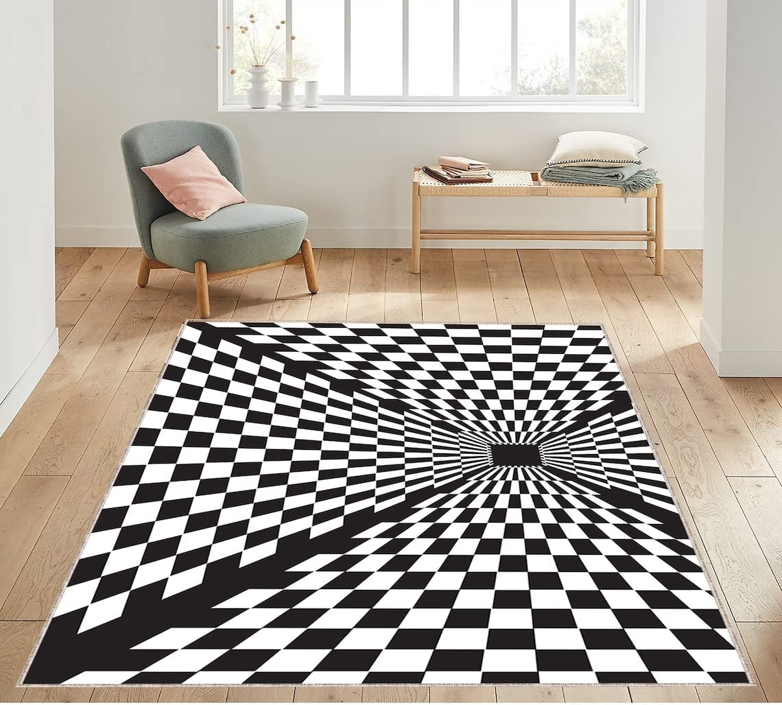 Abstract Black and White Checker Board Vortex Rug - Rectangular 3D Effect Optical Illusion Floor Mat - Image 3