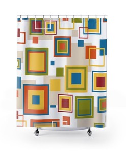 Abstract Blue, Orange, Green, and Yellow Mid Century Modern Shower Curtain for a Funky Bathroom