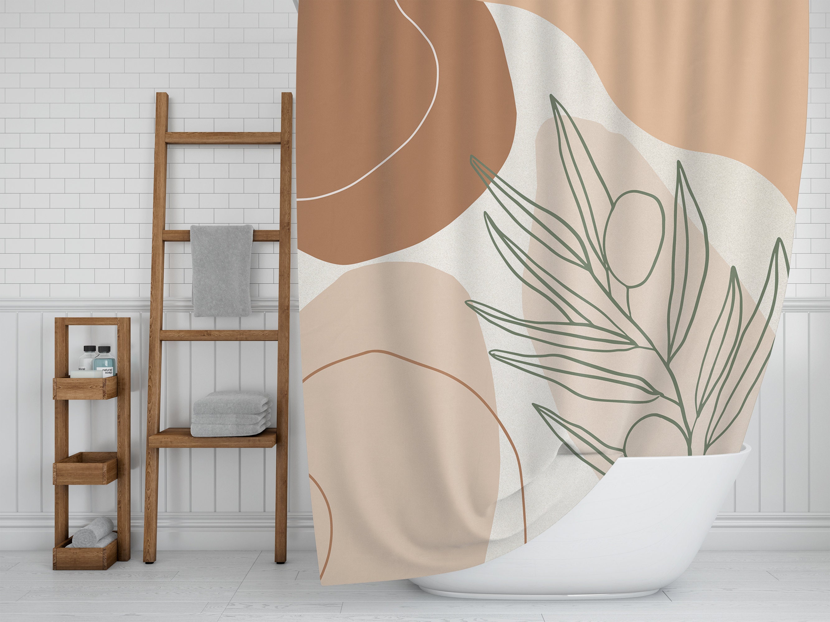 Abstract Boho Botanical Shower Curtain / Earthy Colors Bath Curtain / Modern Bathroom Design / New Home Gift - Image 2