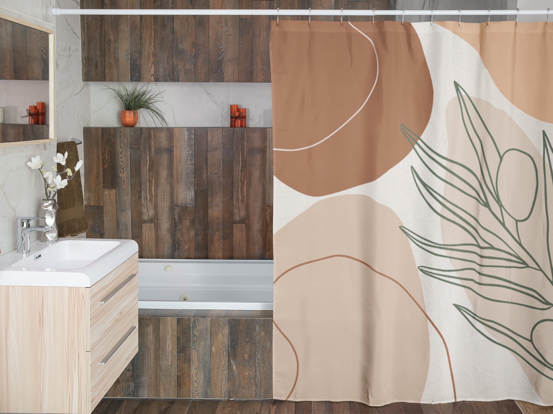 Abstract Boho Botanical Shower Curtain / Earthy Colors Bath Curtain / Modern Bathroom Design / New Home Gift - Image 4