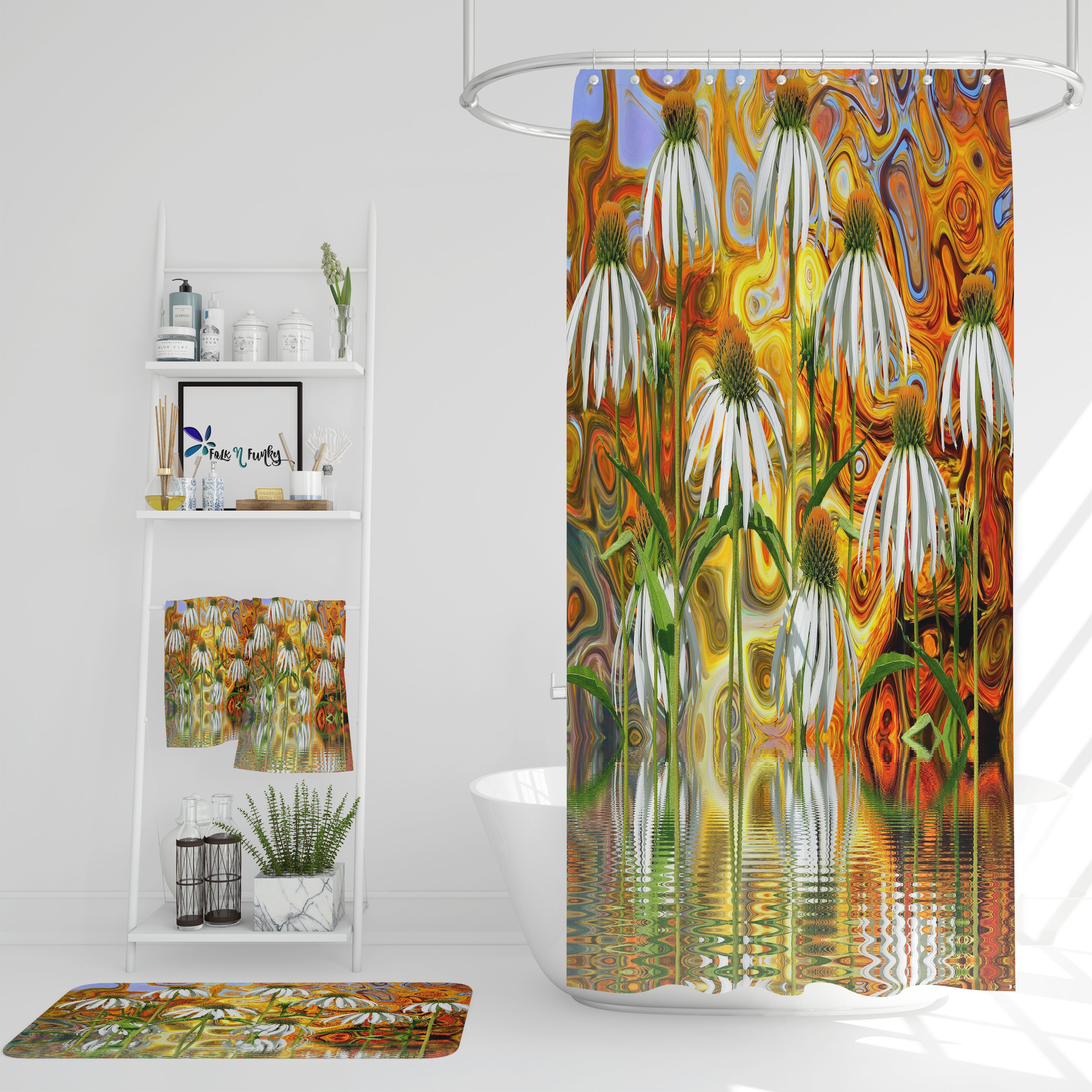 Abstract Daisy Boho Floral Shower Curtain, Pink Flowers Bath Print, Optional Bath Mat and Towels, Bathroom Set