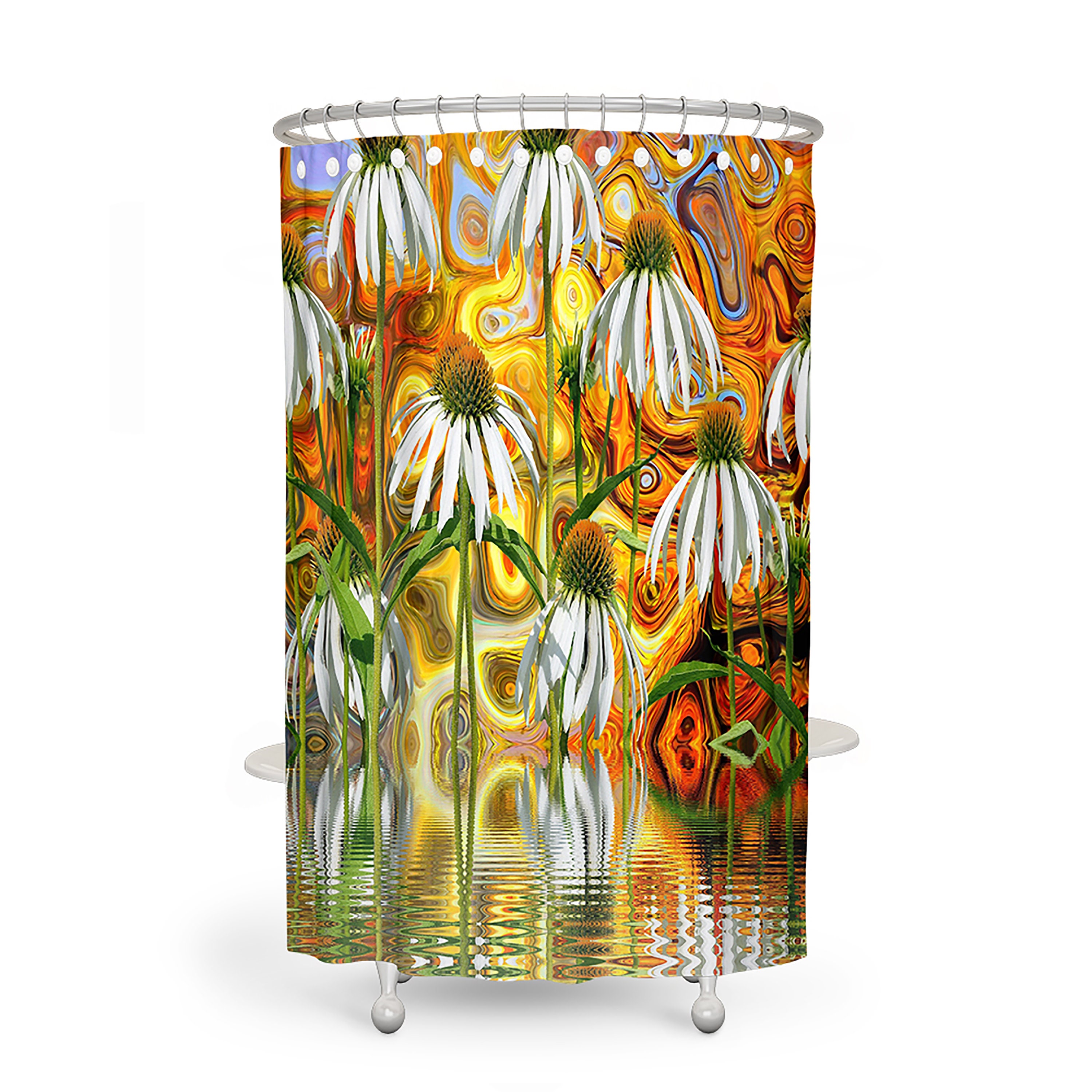 Abstract Daisy Boho Floral Shower Curtain, Pink Flowers Bath Print, Optional Bath Mat and Towels, Bathroom Set - Image 2
