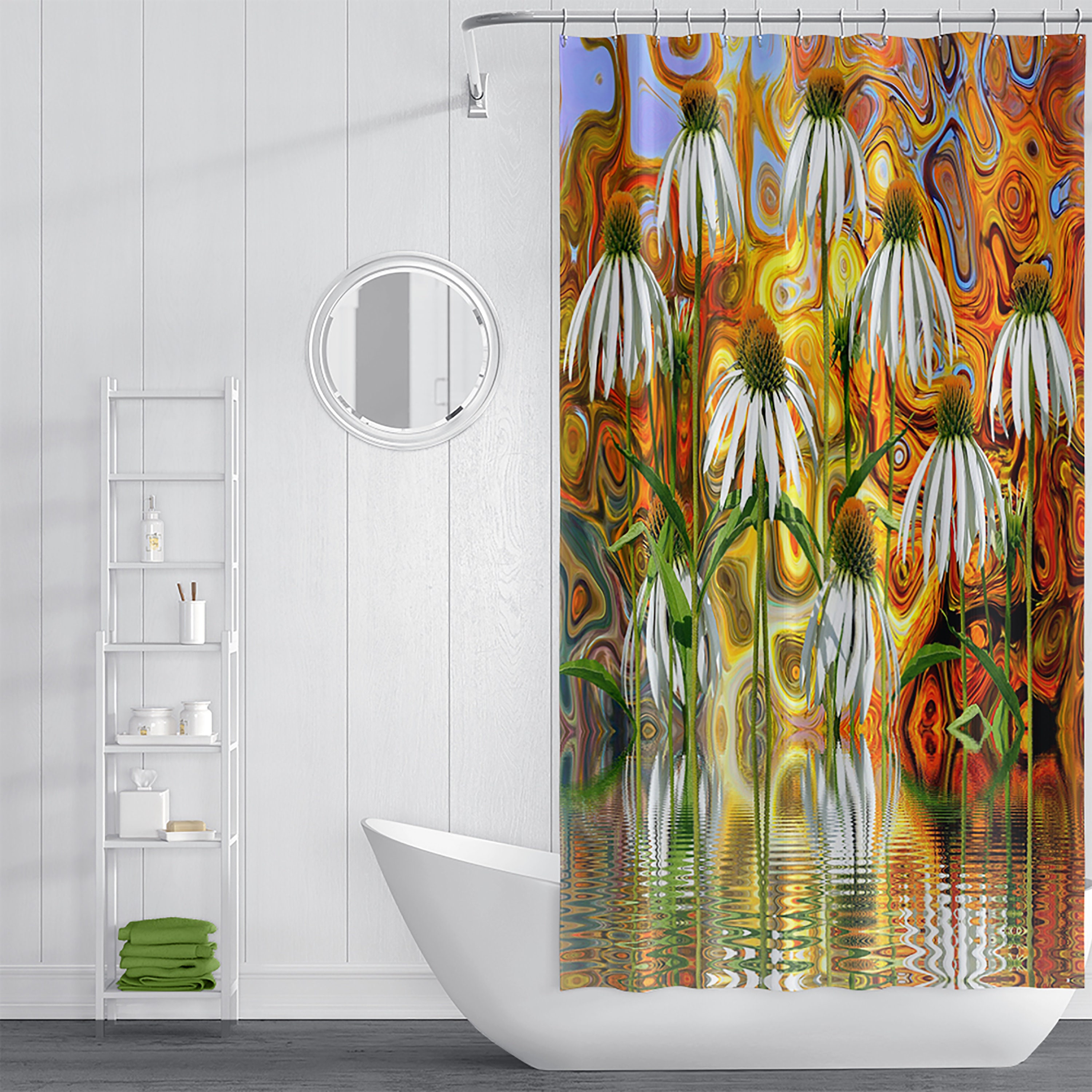 Abstract Daisy Boho Floral Shower Curtain, Pink Flowers Bath Print, Optional Bath Mat and Towels, Bathroom Set - Image 4