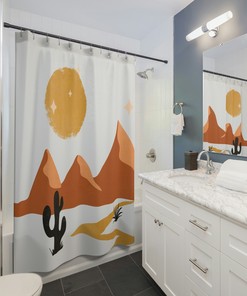 Abstract Desert Cactus Boho Shower Curtain, Nature Lover Shower Curtain, Mid Century Modern Shower