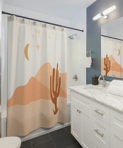 Abstract Desert Mountains Boho Shower Curtain, Brown Cream Earth Tones Bath Curtain, Mid Century Modern Bathroom Decor