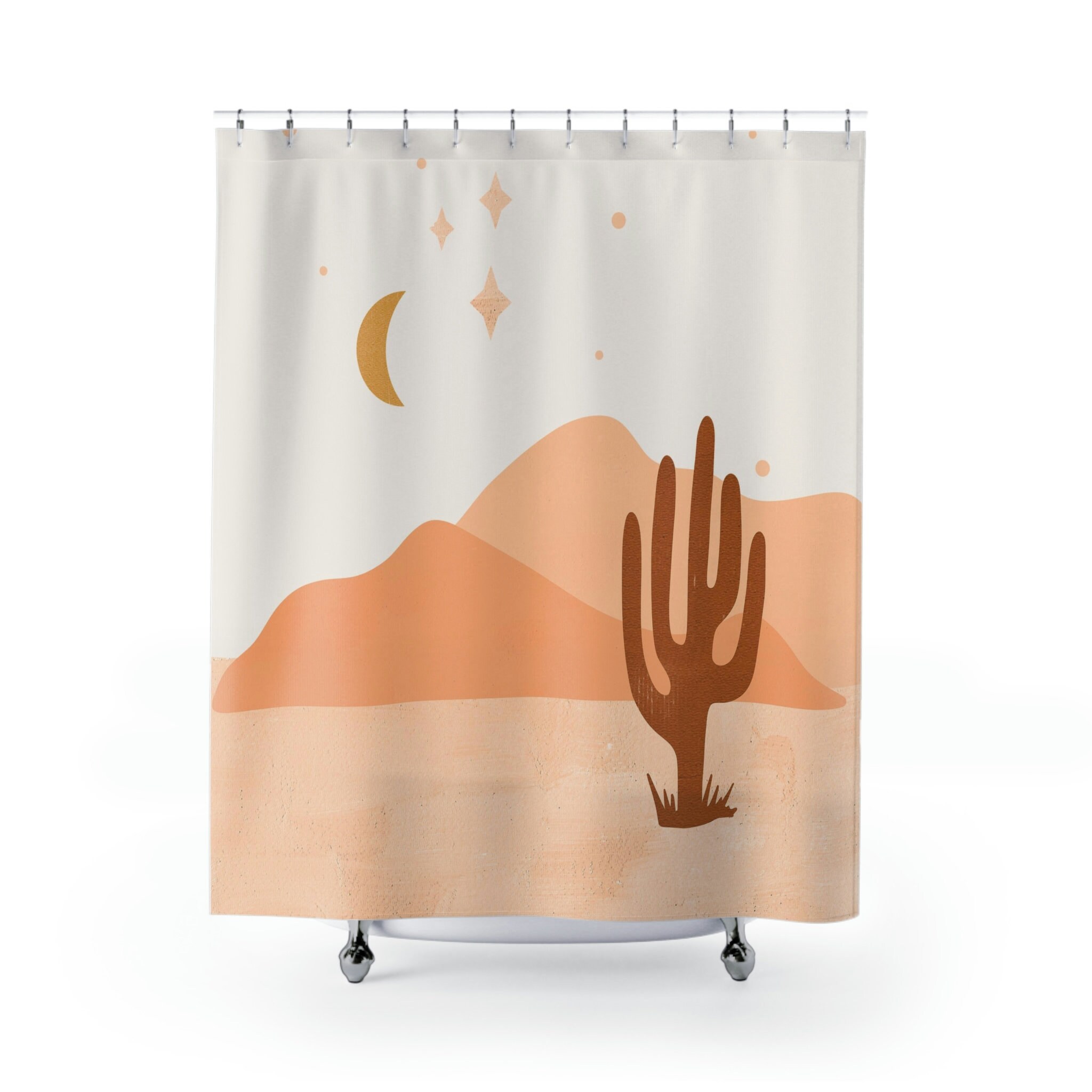 Abstract Desert Mountains Boho Shower Curtain, Brown Cream Earth Tones Bath Curtain, Mid Century Modern Bathroom Decor - Image 2