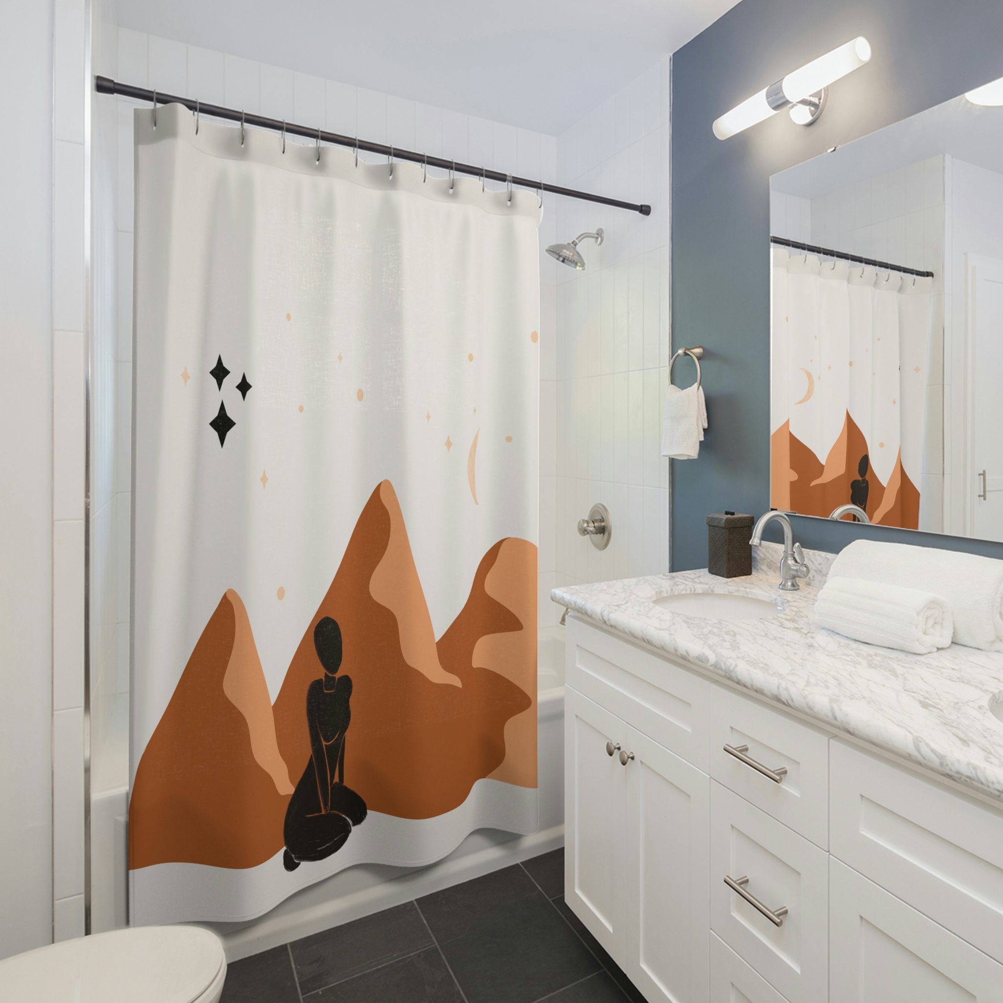 Abstract Desert Mountains Boho Shower Curtain, Mid Century Modern Shower, Vintage Shower Curtains