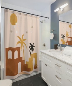 Abstract Desert Ruins Palm Shower Curtain, Boho Mid Century Modern Shower, Abstract Shower Curtain