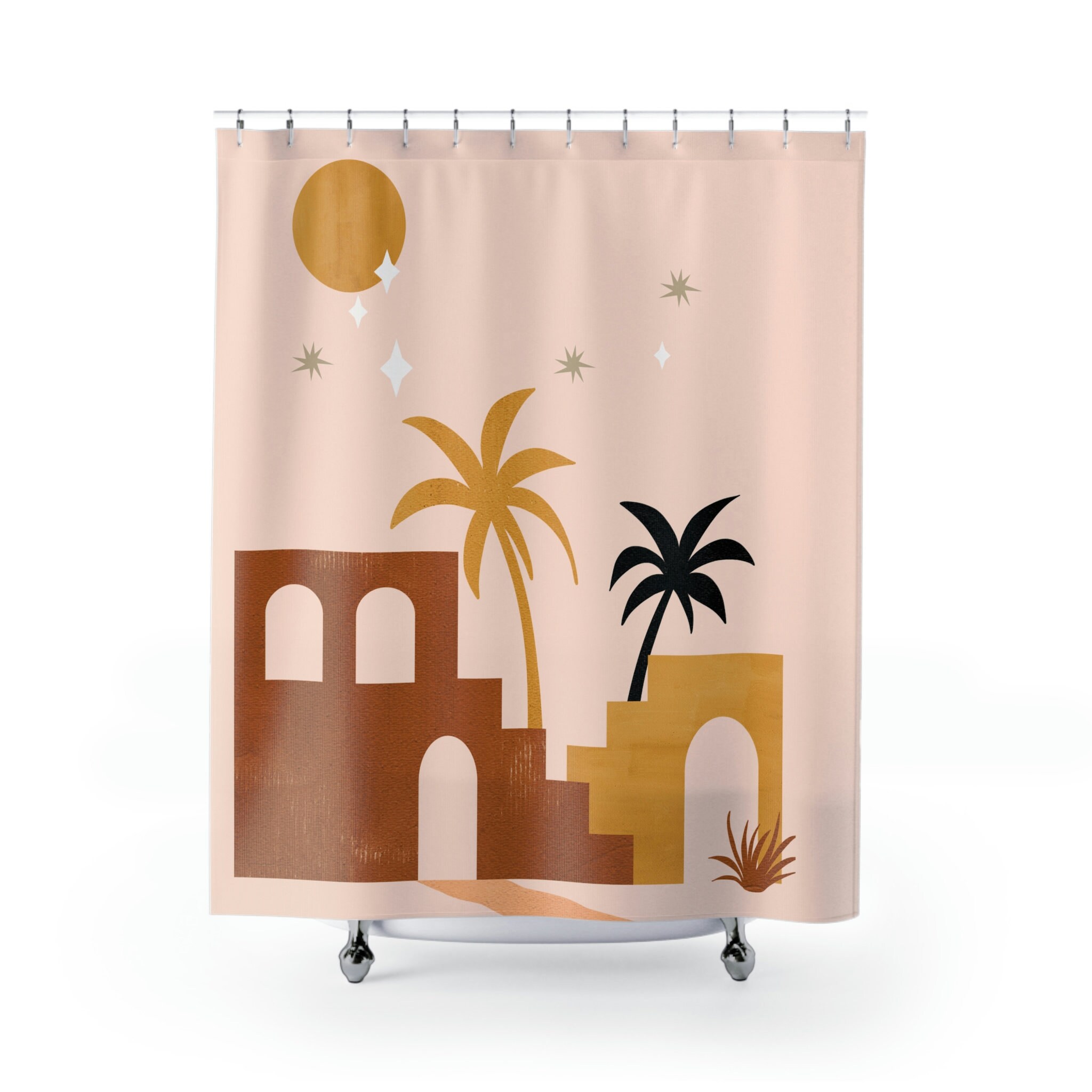 Abstract Desert Ruins Palm Shower Curtain, Boho Mid Century Modern Shower, Abstract Shower Curtain - Image 2