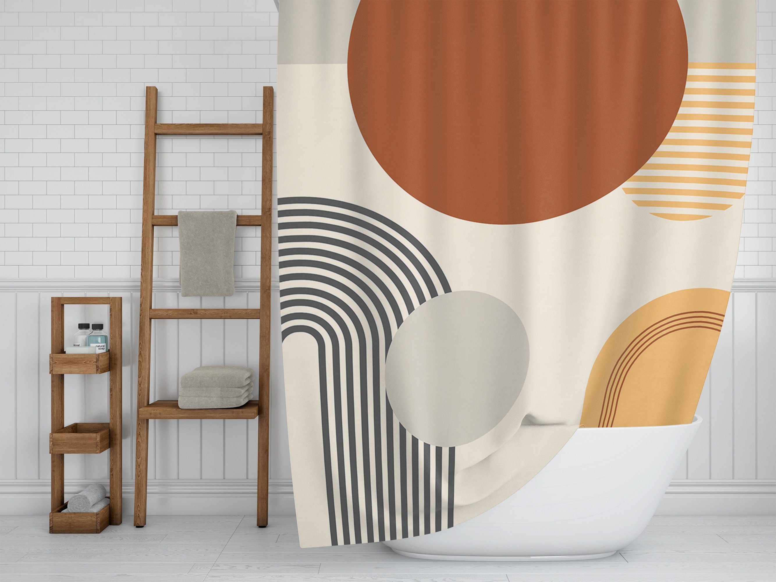 Abstract Earth Tones Shower Curtain, Boho Brown Rust Beige Rustic Style Bath Curtain, Mid Century Modern Bathroom Decor
