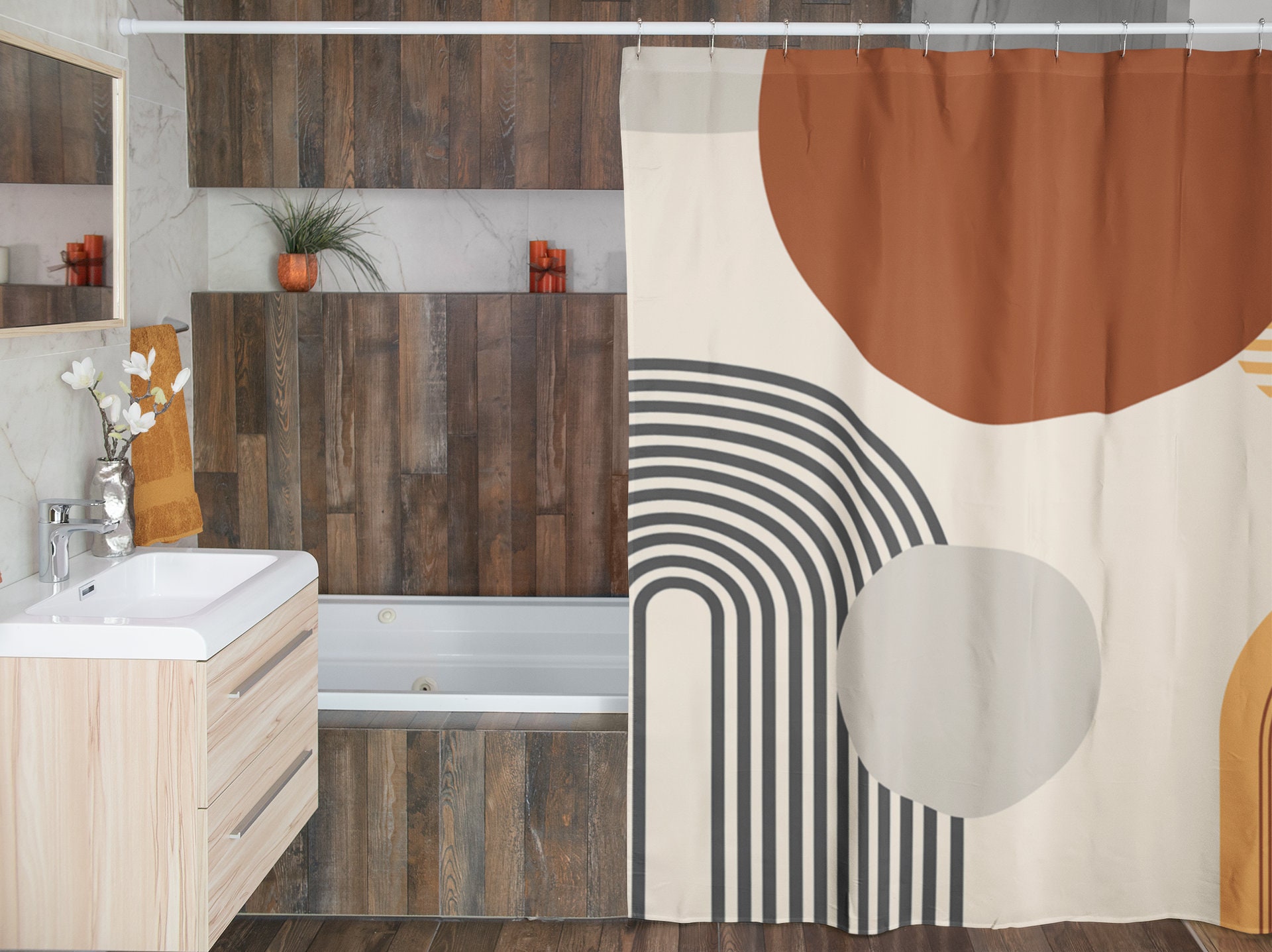 Abstract Earth Tones Shower Curtain, Boho Brown Rust Beige Rustic Style Bath Curtain, Mid Century Modern Bathroom Decor - Image 3