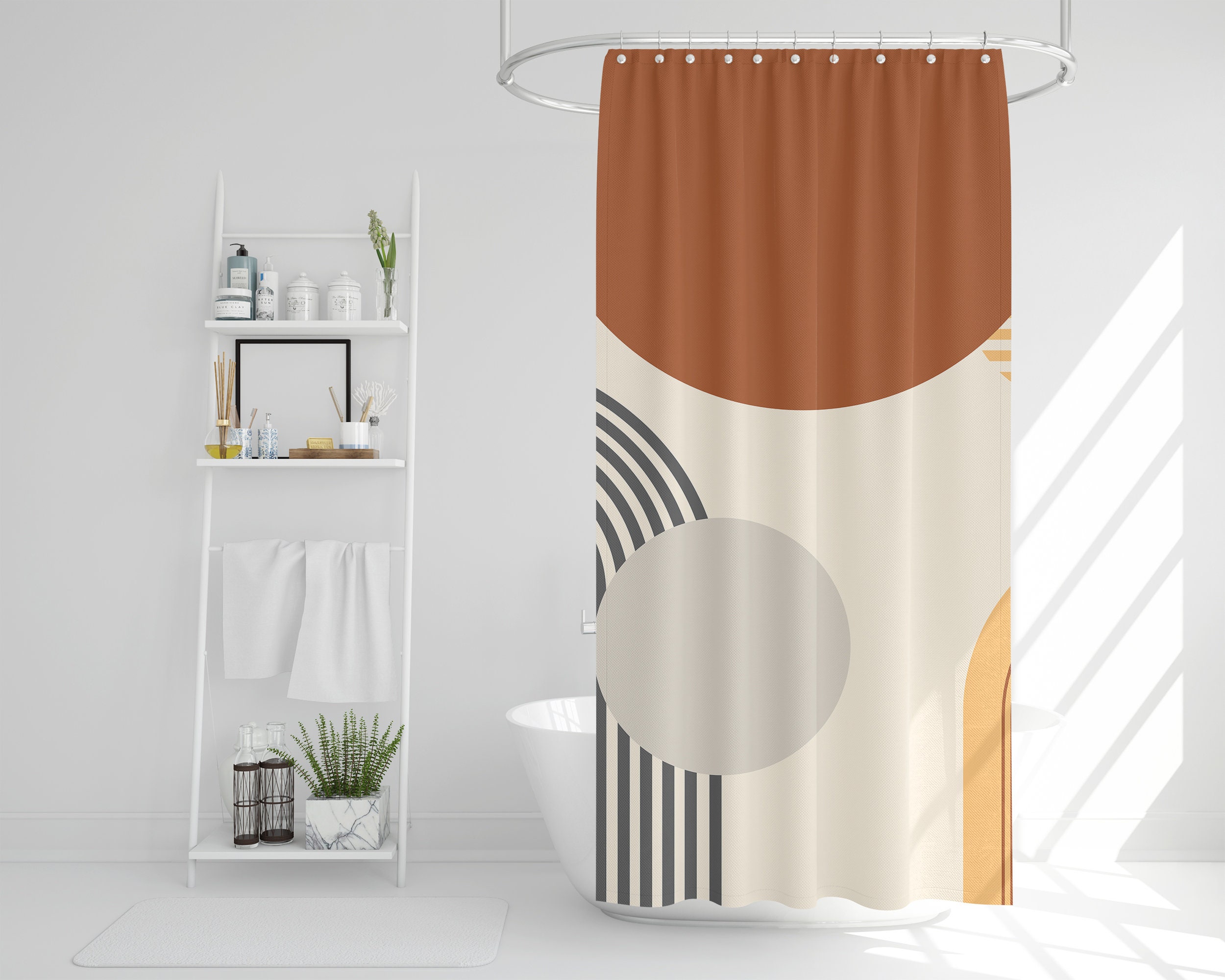Abstract Earth Tones Shower Curtain, Boho Brown Rust Beige Rustic Style Bath Curtain, Mid Century Modern Bathroom Decor - Image 4