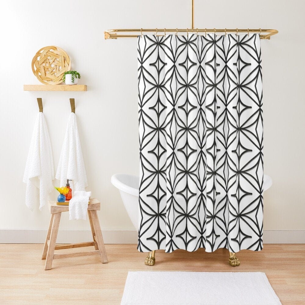 Abstract Eco-Friendly Shower Curtain in Minimalist Design with Black and White Squares - Waterproof and Includes Hooks