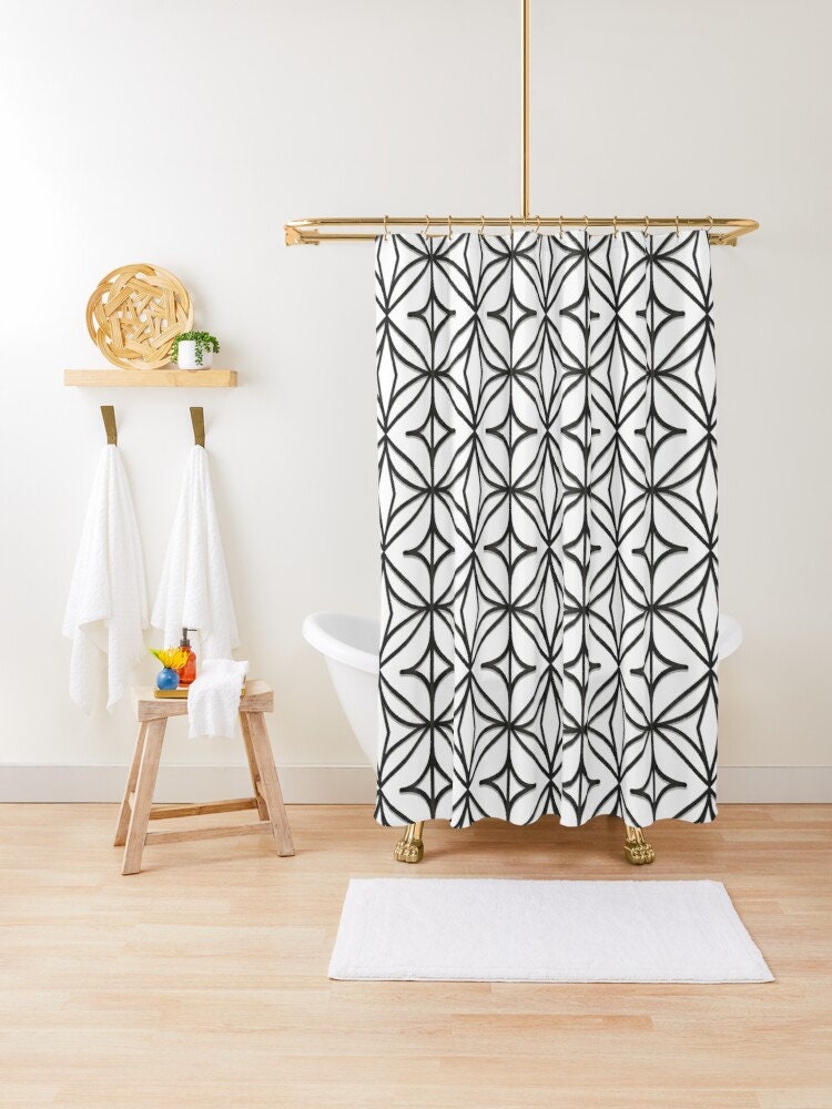 Abstract Eco-Friendly Shower Curtain in Minimalist Design with Black and White Squares - Waterproof and Includes Hooks - Image 2