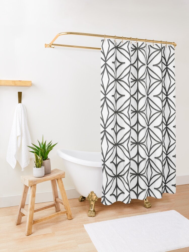 Abstract Eco-Friendly Shower Curtain in Minimalist Design with Black and White Squares - Waterproof and Includes Hooks - Image 3