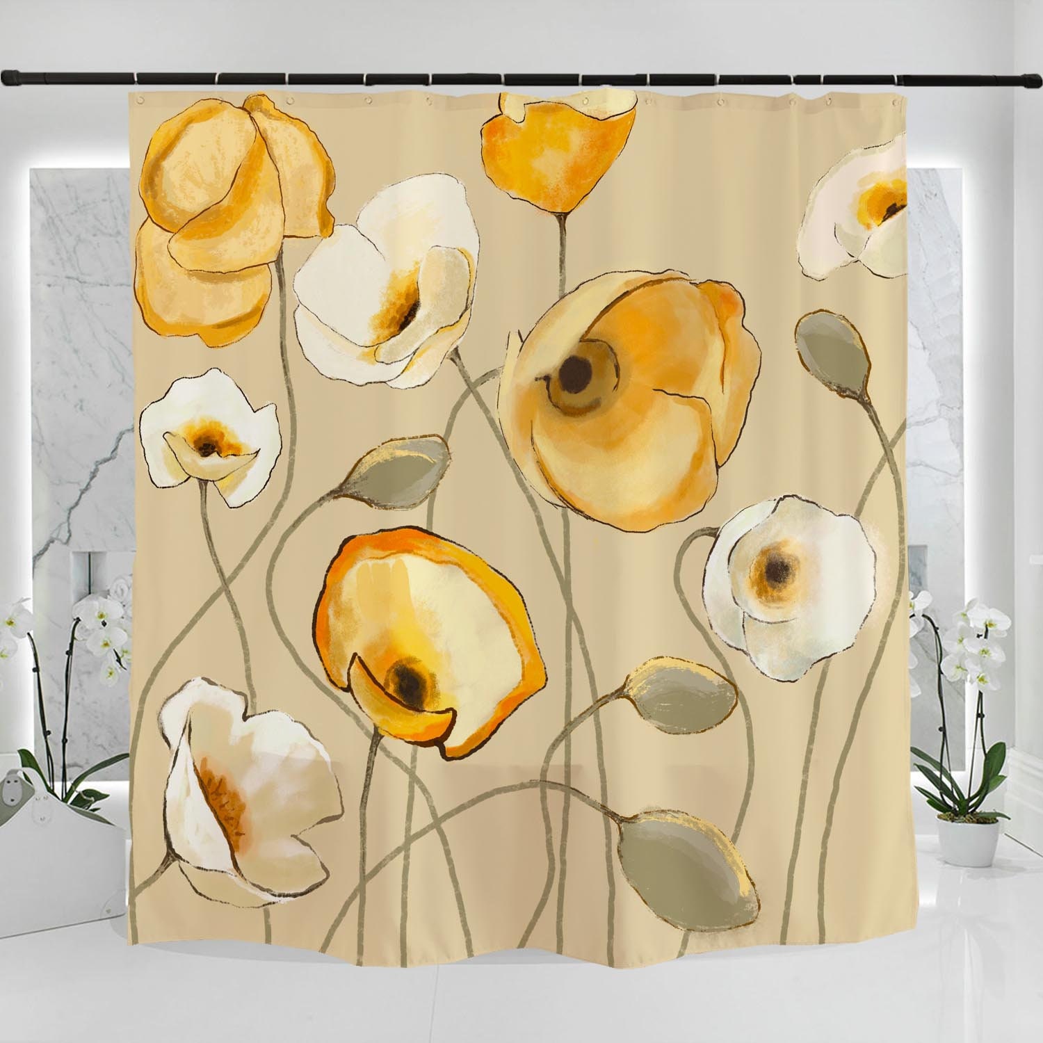 Abstract Flowers Shower Curtain, Customizable Water Repelling Set, Art Floral with 12 Hooks for Bathroom Decoration - Image 2