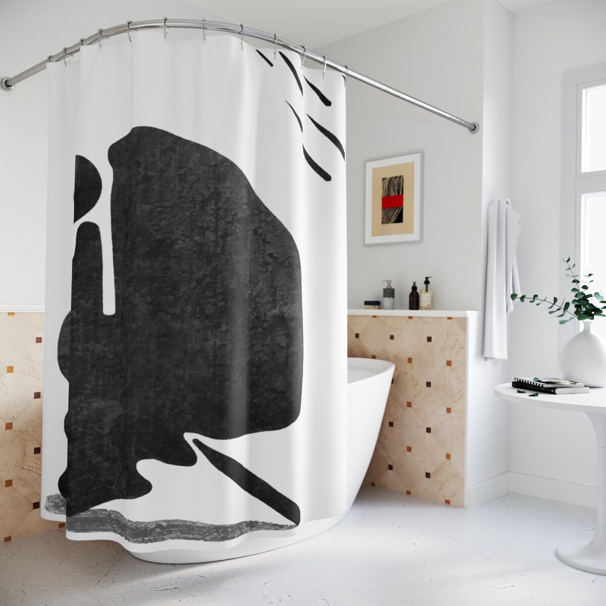 Abstract Geometric Black And White Vintage Shower Curtain Or Mat, Modern Designer Curtain