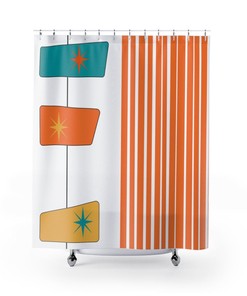 Abstract Geometric Mid Century Modern Bathroom Shower Curtain with Retro Flair in Orange, Yellow, and White