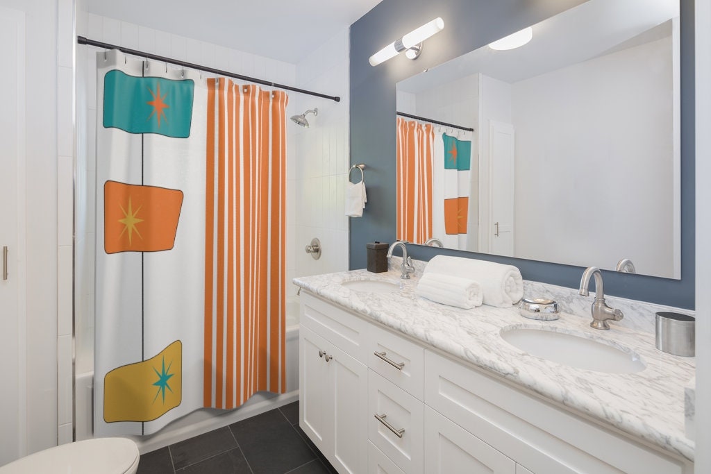 Abstract Geometric Mid Century Modern Bathroom Shower Curtain with Retro Flair in Orange, Yellow, and White - Image 2