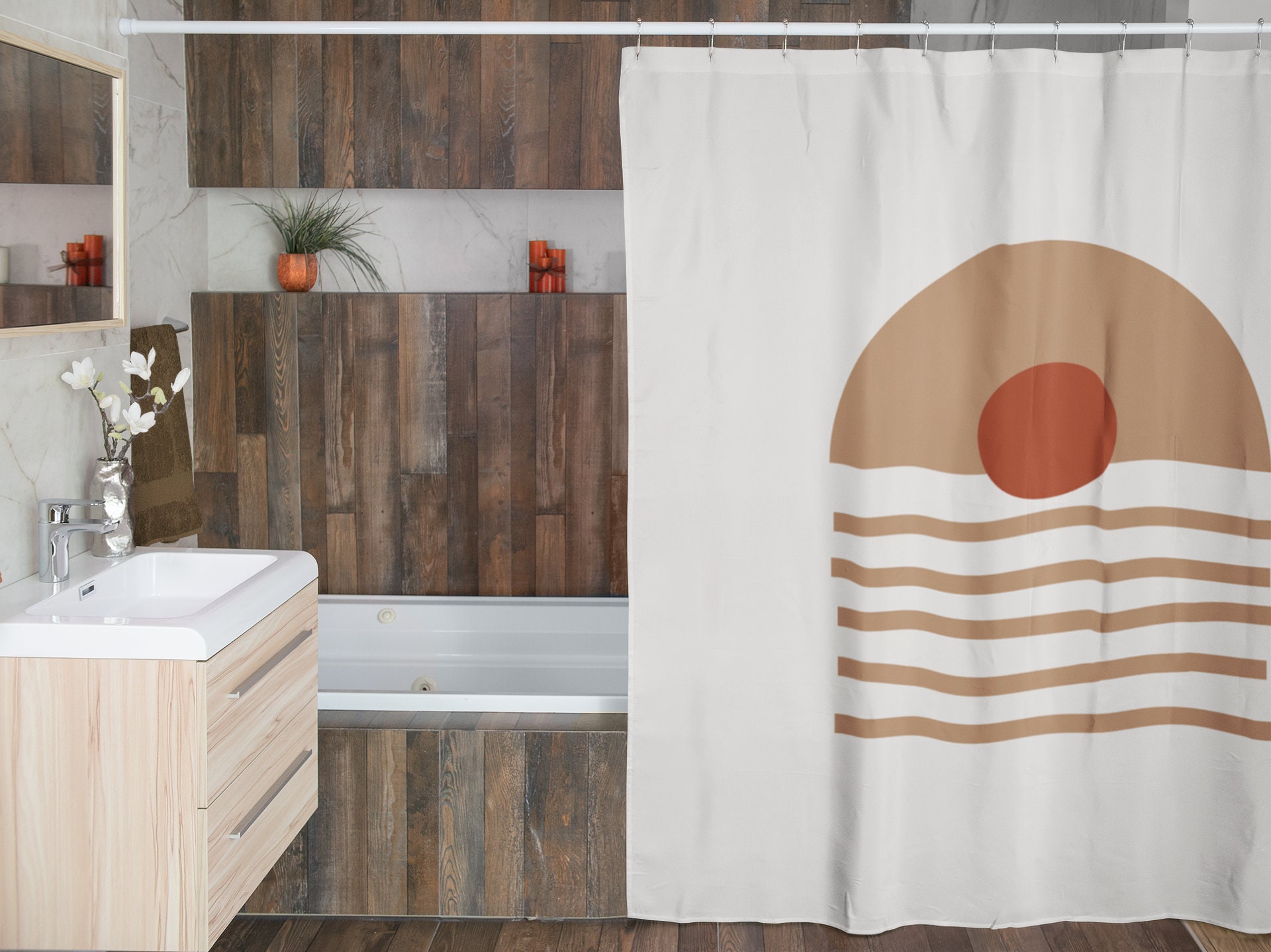 Abstract Geometric Shower Curtain, Earth Tones Boho Bath Curtain, Modern Bathroom Accessories & Decor - Image 4