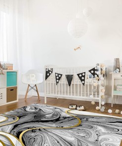 Abstract Marble Texture Area Rug in Gray White with Golden Stripe Retro Gradient with Non-Slip Bathroom Rugs Washable