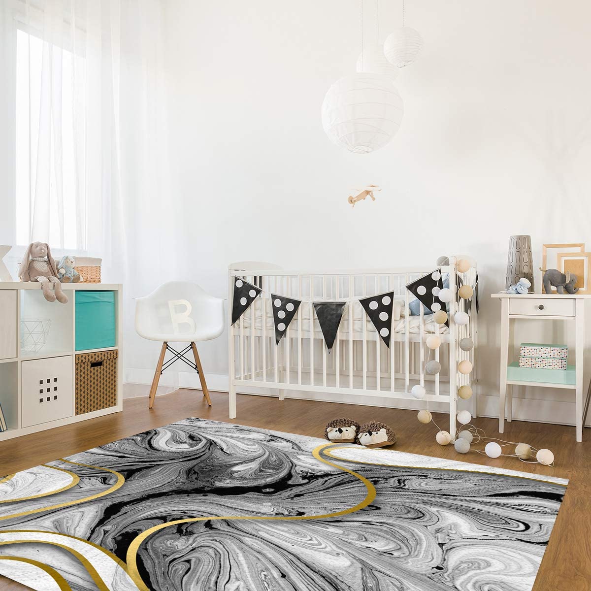 Abstract Marble Texture Area Rug in Gray White with Golden Stripe Retro Gradient with Non-Slip Bathroom Rugs Washable