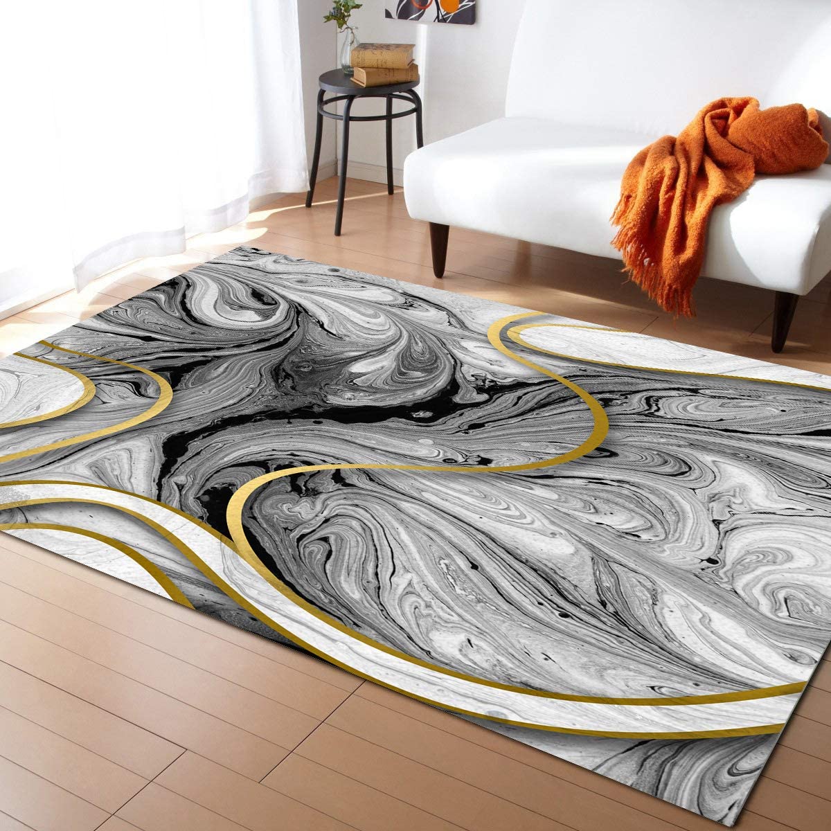 Abstract Marble Texture Area Rug in Gray White with Golden Stripe Retro Gradient with Non-Slip Bathroom Rugs Washable - Image 2