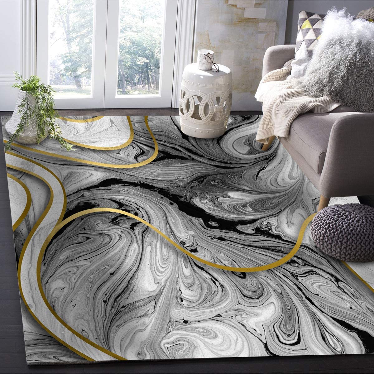 Abstract Marble Texture Area Rug in Gray White with Golden Stripe Retro Gradient with Non-Slip Bathroom Rugs Washable - Image 3