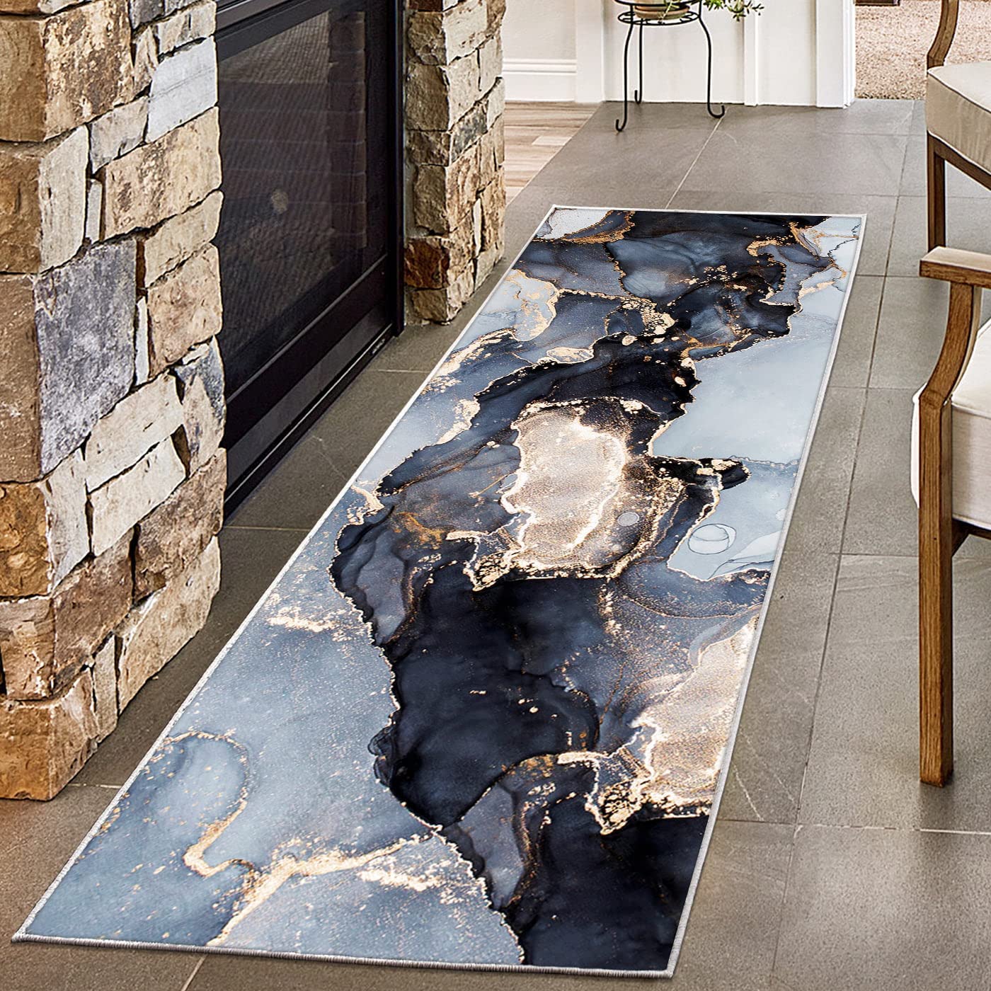 Abstract Marble Texture Carpet - Luxury Runner Rug for Hallways and Entryways (Blue) with Non-Slip Floor Carpet - Image 2