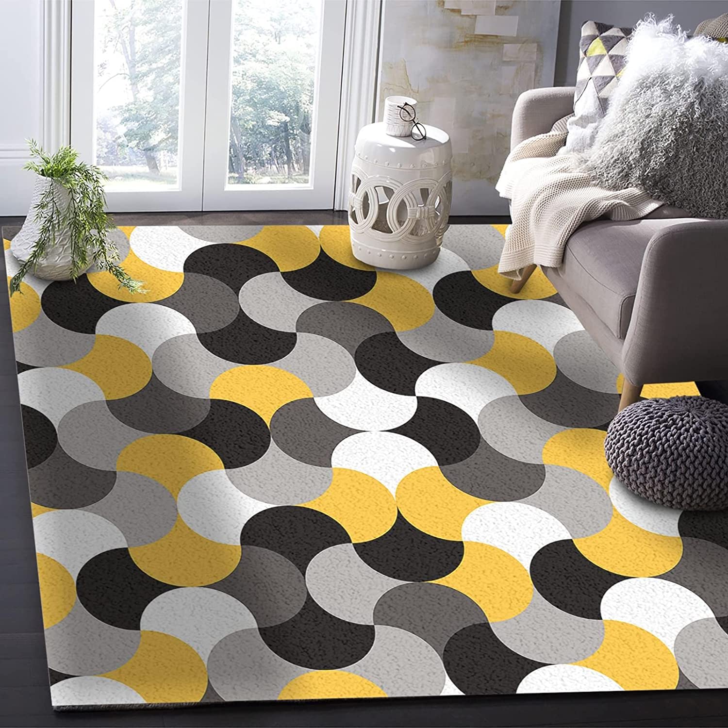Abstract Middle Century Geometry Black Area Rugs - Geometric Gradient Easy Clean Soft Non-Skid Throw Rug - Image 3