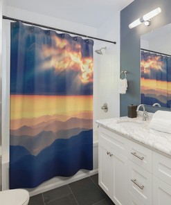 Abstract Mountain Landscape Shower Curtain with Natureâ€™s Sunrise and Serenity, Nature Loverâ€™s Dream