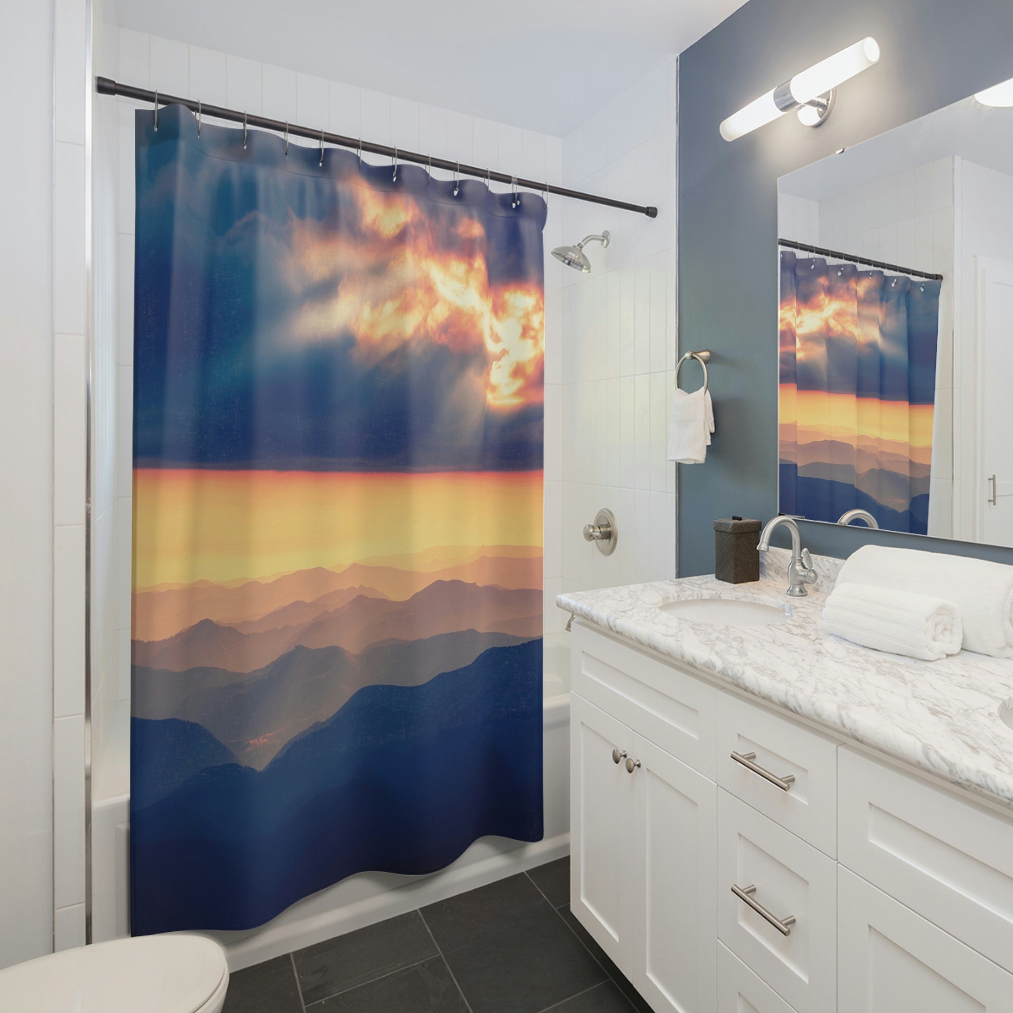 Abstract Mountain Landscape Shower Curtain with Nature’s Sunrise and Serenity, Nature Lover’s Dream