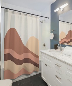 Abstract Mountains Brown Yellow Boho Shower Curtain, Mid Century Modern Bohemian Bathroom Decor