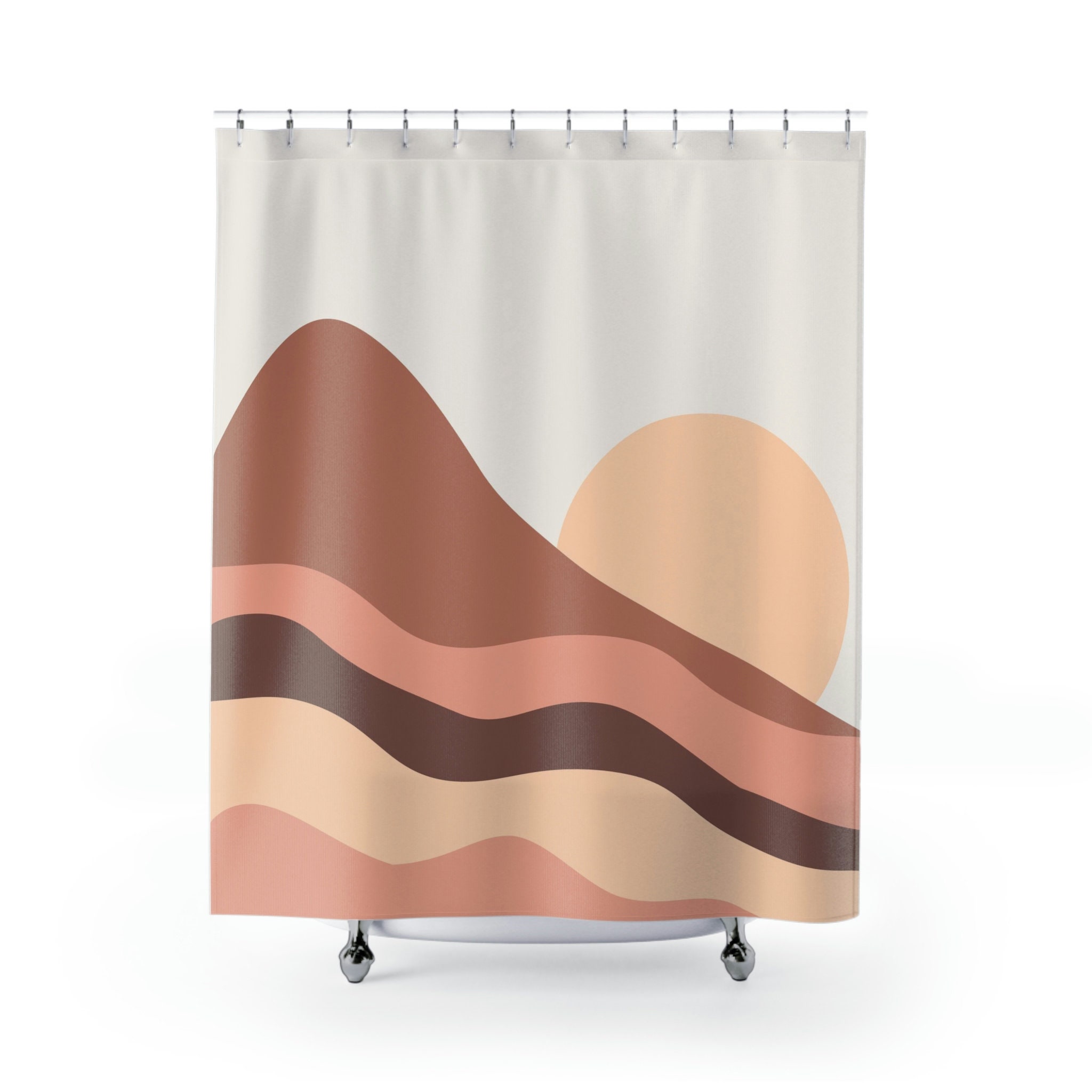 Abstract Mountains Brown Yellow Boho Shower Curtain, Mid Century Modern Bohemian Bathroom Decor - Image 2