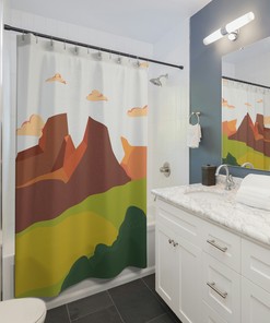 Abstract Mountains Sunrise Shower Curtain, Boho Mid Century Modern Nature Lover Shower Curtain, Abstract Shower Curtain