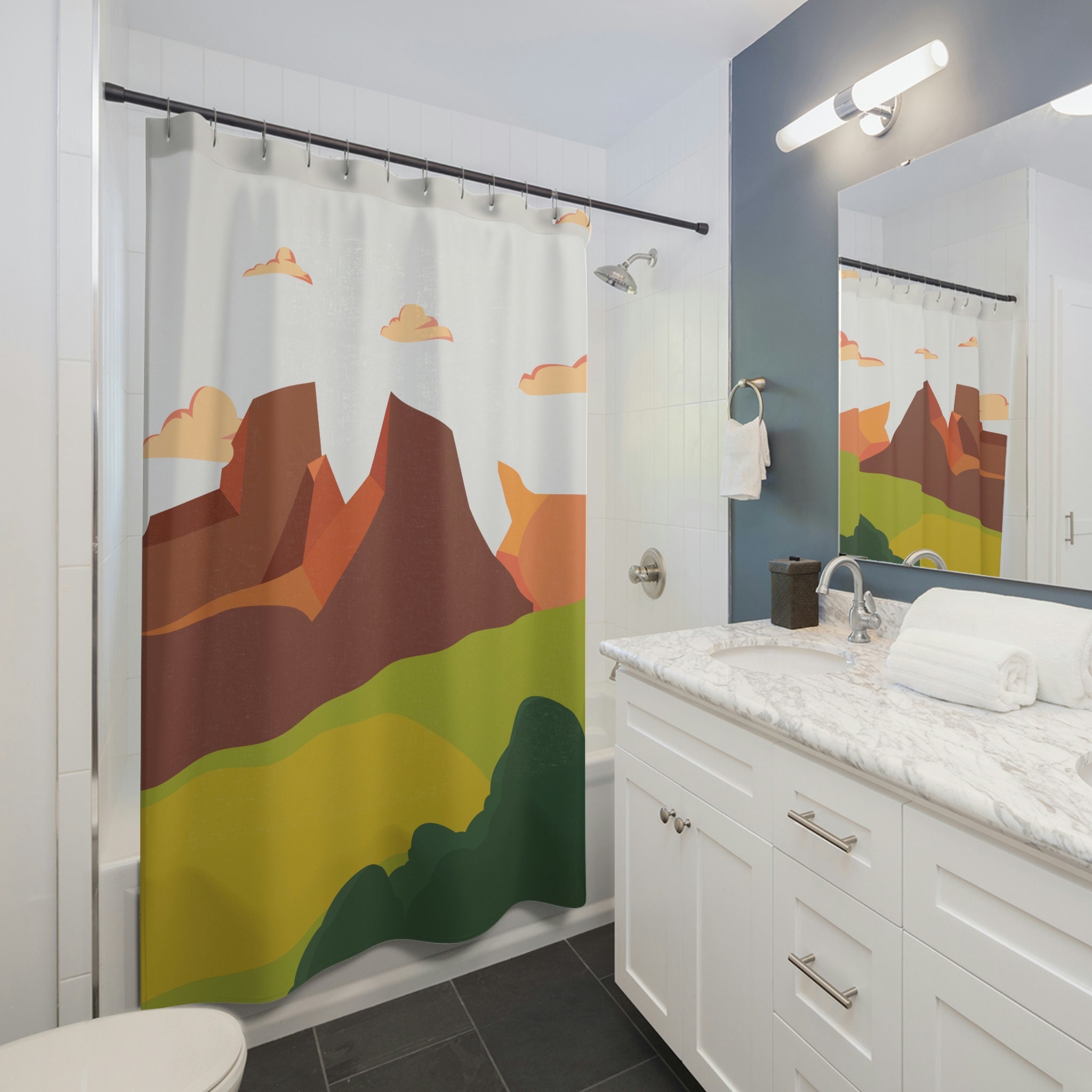 Abstract Mountains Sunrise Shower Curtain, Boho Mid Century Modern Nature Lover Shower Curtain, Abstract Shower Curtain