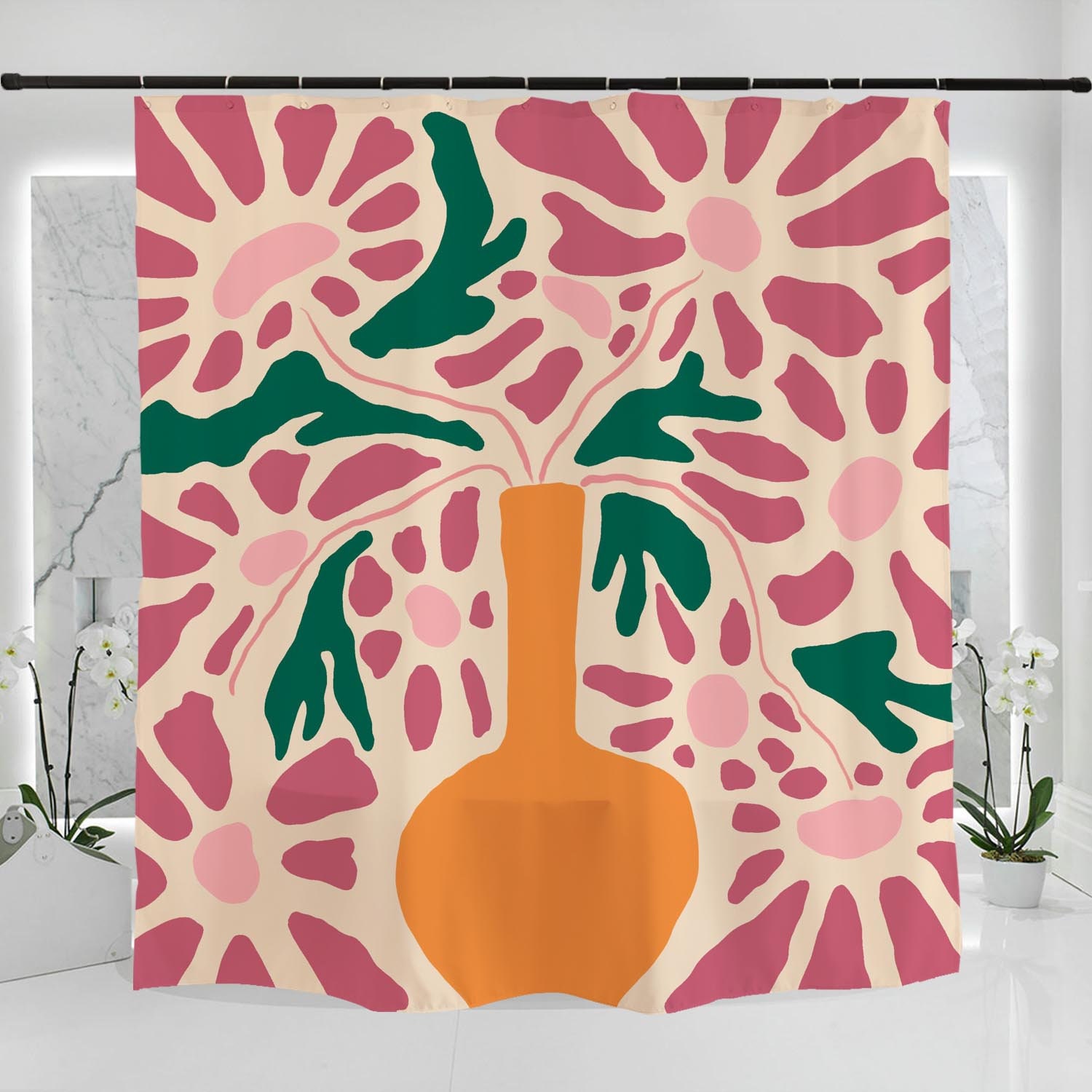 Abstract Pink Daisy and Vase Shower Curtain, Customized Sizes for Art Floral and Water Repelling Set - Image 2
