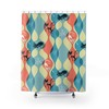 Abstract Retro Mid Century Modern Shower Curtains with Pink, Cream, White, and 50's Black Cat Lovers Design
