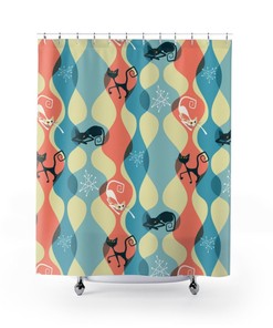 Abstract Retro Mid Century Modern Shower Curtains with Pink, Cream, White, and 50's Black Cat Lovers Design