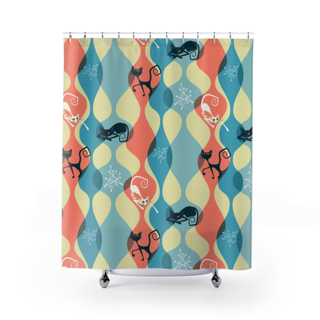 Abstract Retro Mid Century Modern Shower Curtains with Pink, Cream, White, and 50's Black Cat Lovers Design