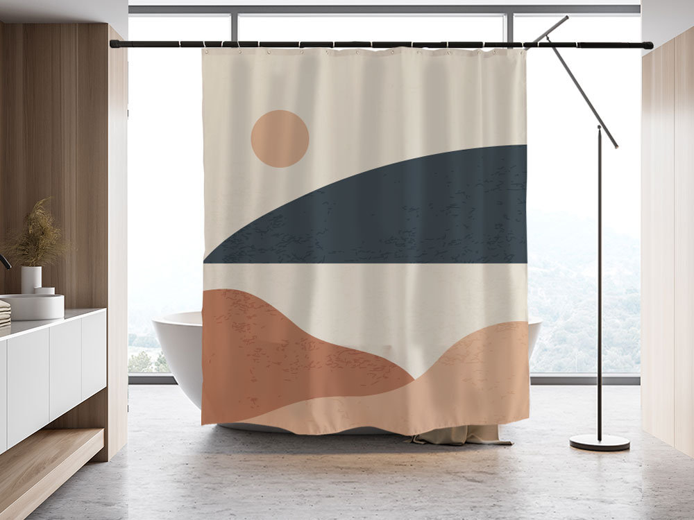 Abstract Sun & Mountain Landscape Shower Curtain, Heavy Duty Extra Waterproof Curtains in Customizable Sizes - Image 2