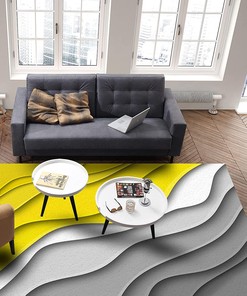 Abstract Yellow White Grey Gradient Waves Area Rug with 70s Carpet Inspiration for Living Room or Bedroom