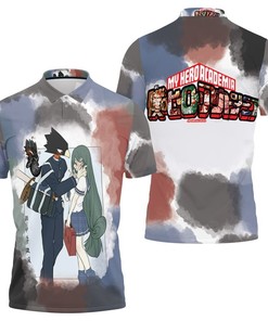 Academia Fumikage Tokoyami love Tsuyu Asui cute couple polo shirt featuring an overprint design.